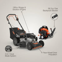 21 In. 190 Cc Briggs and Stratton Gas 3-In-1 Dual Blade RWD Self-Propelled Lawn Mower, 58.2 Cc Gas Backpack Blower Kit — infographic