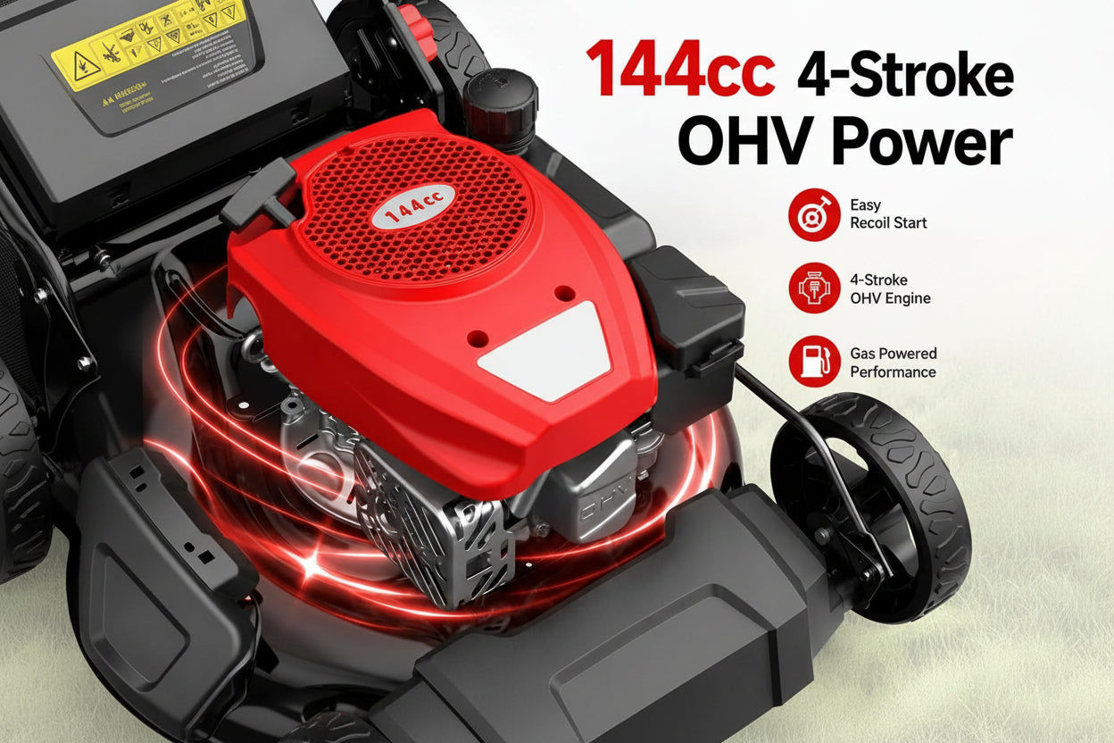 21" Steel Deck Gas Lawn Mower, 3-In-1 Push Mower, 144Cc 4-Stroke OHV Engine, 6 Height Adjustment, 1.4 Bushel Grass Catcher with Bagging, Mulching & Side Discharge Efficient for Yard Garden