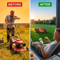 28-Volt 8 In. Cutting Width Robot Lawn Mower Revola X4E Mower, Brushless Wheel Motors, Cloudhawk App and Wifi Control — Before & After