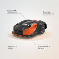 28-Volt 8 In. Cutting Width Robot Lawn Mower Revola X4E Mower, Brushless Wheel Motors, Cloudhawk App and Wifi Control — infographic