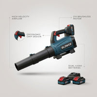 Leaf Blower Cordless - 21V Powerful Electric Cordless Leaf Blower with 2 X 4.0Ah Batteries and Charger, Easy to Use, Battery Powered Leaf Blowers for Lawn Care, Patio, Yard, Dust, Snow — infographic