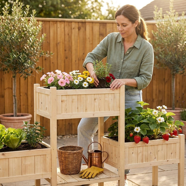 Raised Garden Bed Built for Outdoor Growing, Natural Pine Wood, Tiered Design, Middle Storage Shelf
