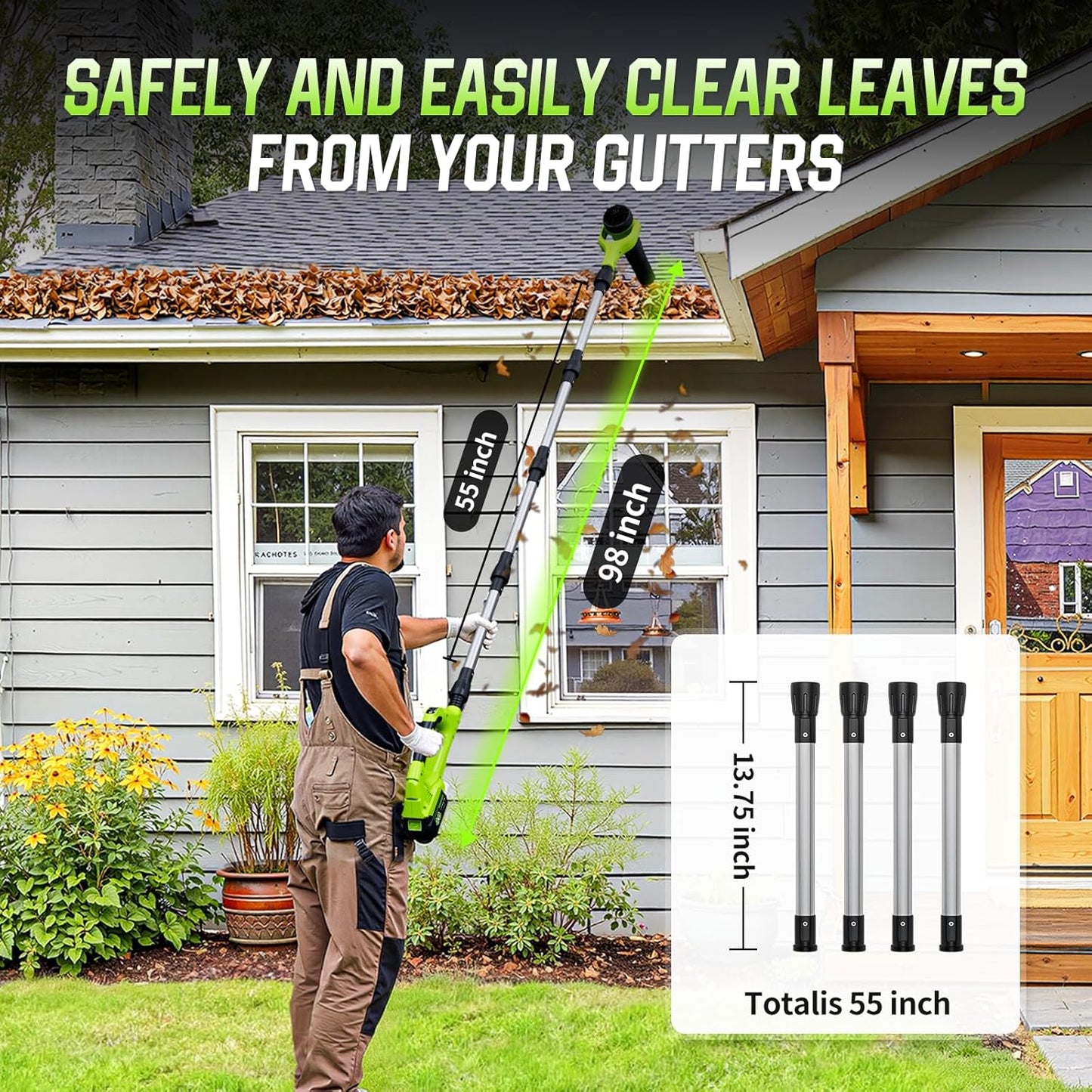 Leaf Blower Cordless, 40V Leaf Blowers with 2 Battery Brushless 300° Rotatable Blower Tube with Adjustable Pole (98Inch) 580CFM/180MPH & 2 Speed Gutter Cleaning Tools for Garden，House