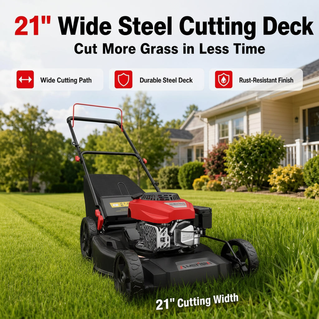 21" Steel Deck Gas Lawn Mower, 3-In-1 Push Mower, 144Cc 4-Stroke OHV Engine, 6 Height Adjustment, 1.4 Bushel Grass Catcher with Bagging, Mulching & Side Discharge Efficient for Yard Garden
