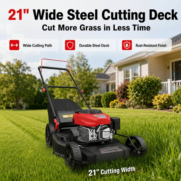 21" Steel Deck Gas Lawn Mower, 3-In-1 Push Mower, 144Cc 4-Stroke OHV Engine, 6 Height Adjustment, 1.4 Bushel Grass Catcher with Bagging, Mulching & Side Discharge Efficient for Yard Garden